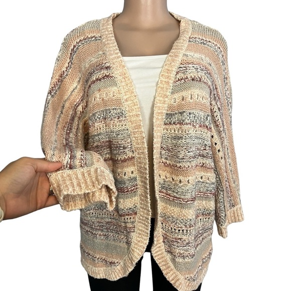 Chicos Open Front Knit Cream and Pink Cardigan - Picture 2 of 8